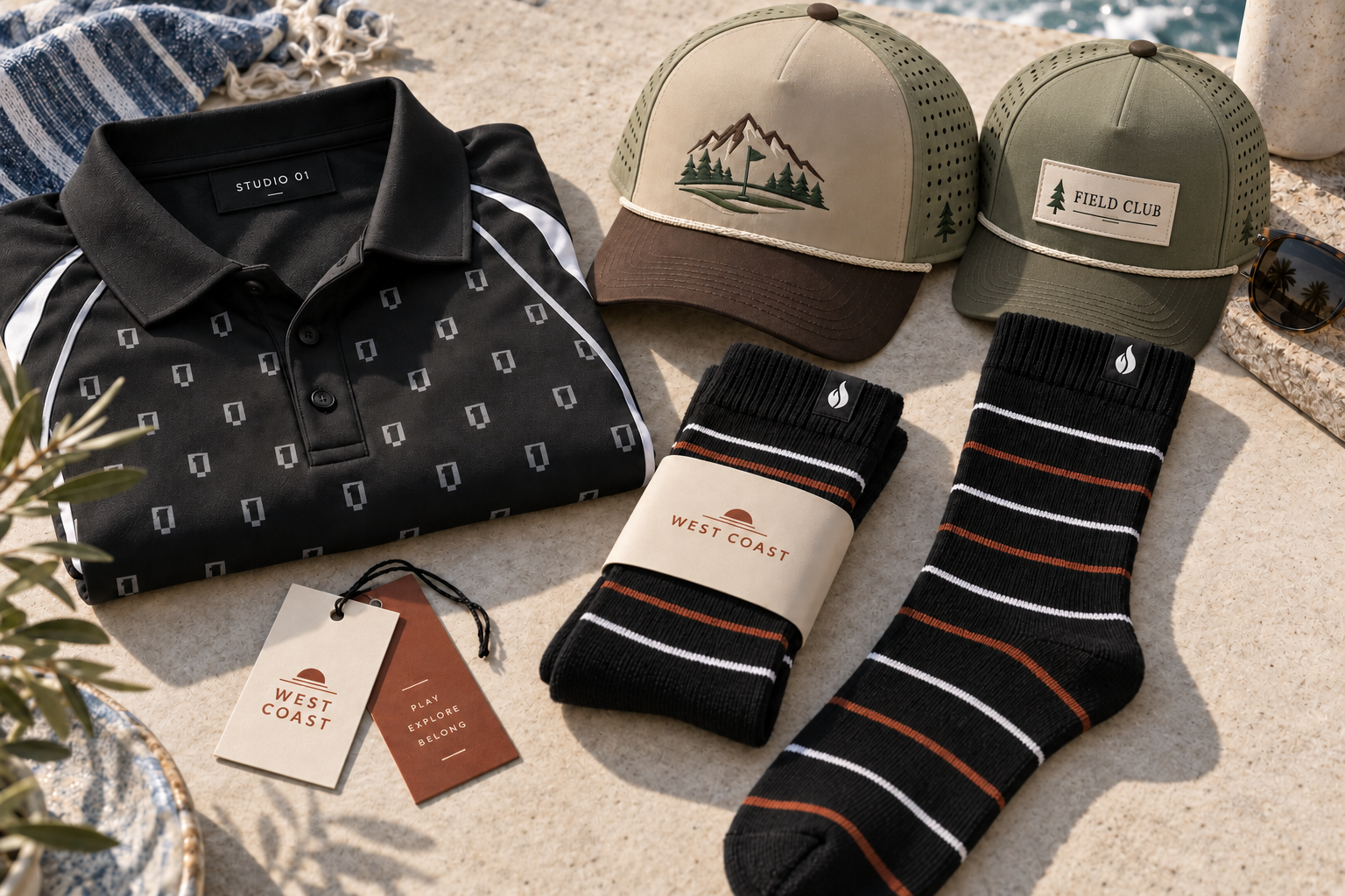 Illustrative polo, socks, and forward-facing rope caps with assorted private labels